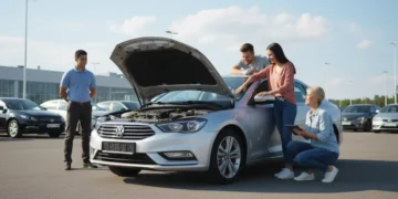 Consumers inspecting a used car at a dealership, highlighting the importance of a thorough check before purchase.