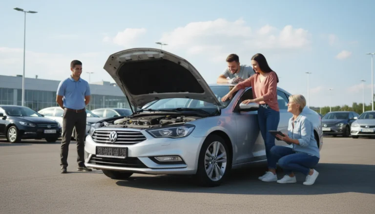 Consumers inspecting a used car at a dealership, highlighting the importance of a thorough check before purchase.