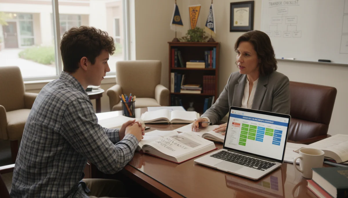 Academic advisor guiding a student through course selection for college transfer