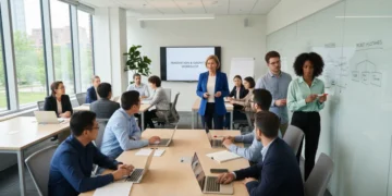 Diverse adults learning in a modern classroom setting in the US