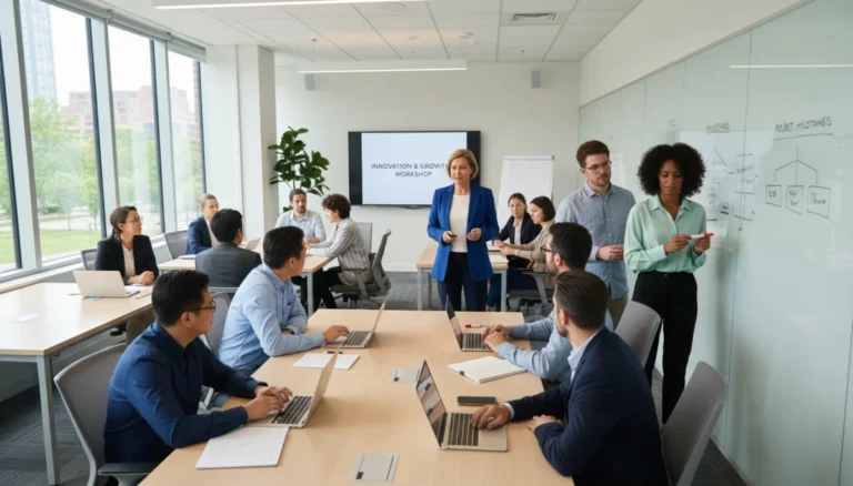 Diverse adults learning in a modern classroom setting in the US