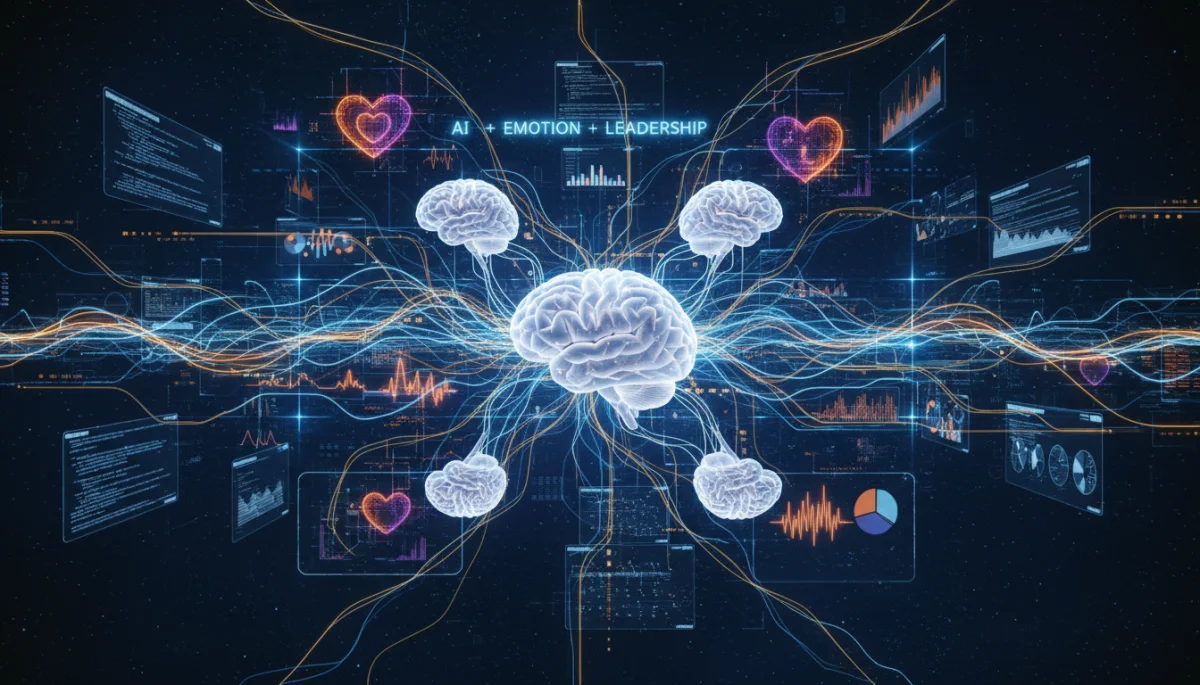 Illustration of AI and emotional intelligence integrated into leadership, showing data and human connection.