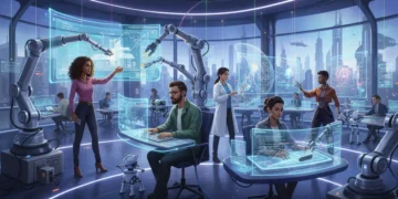 Professionals working with AI and robots in a futuristic office, symbolizing career growth.
