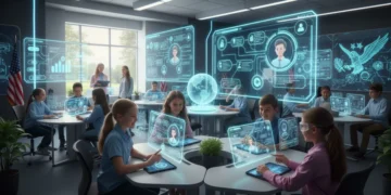 Students engaging with AI-powered learning platforms in a modern US classroom