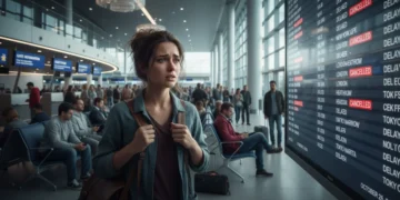 Frustrated passengers at airport terminal due to flight delays and cancellations.