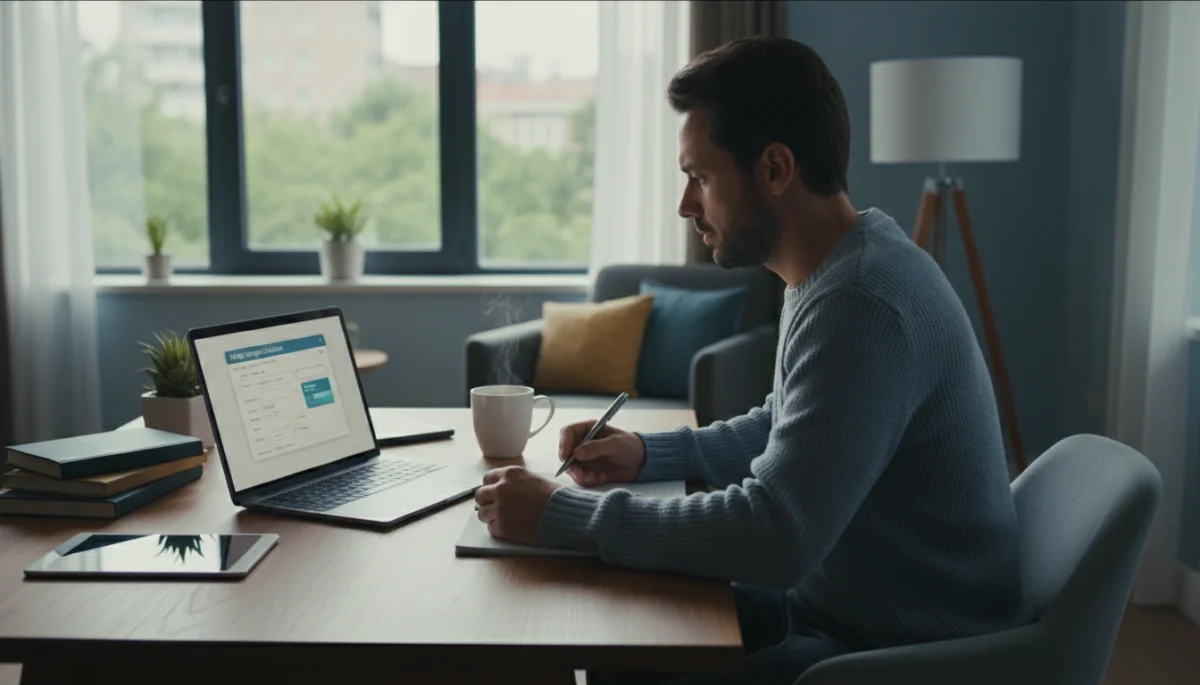 Person analyzing mortgage payments on a laptop with a calculator.