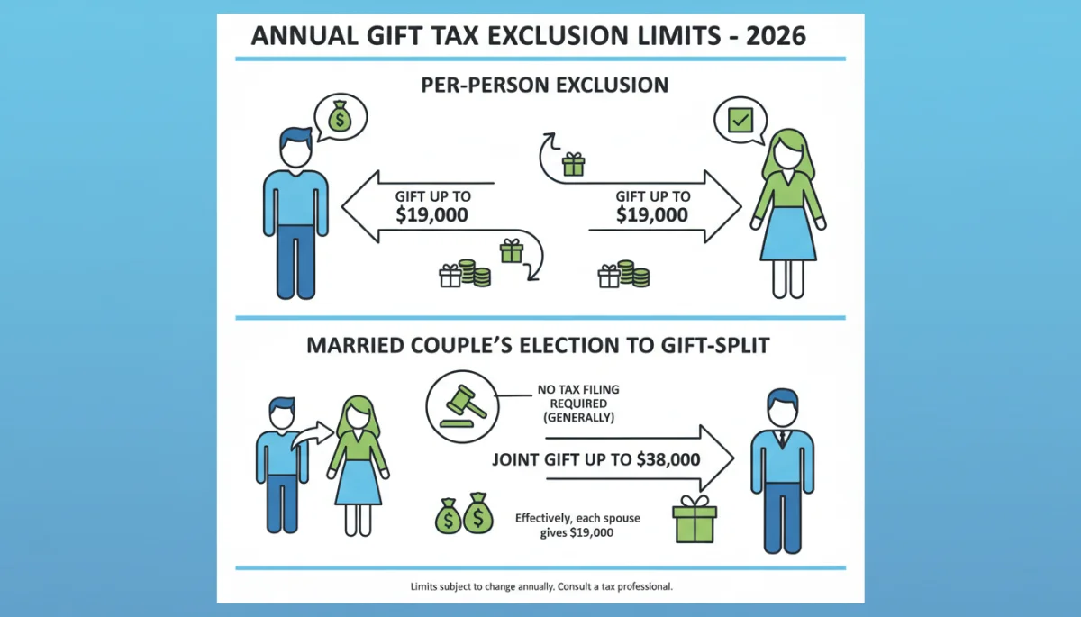Infographic clearly showing annual gift tax exclusion limits and transfer thresholds for 2026.
