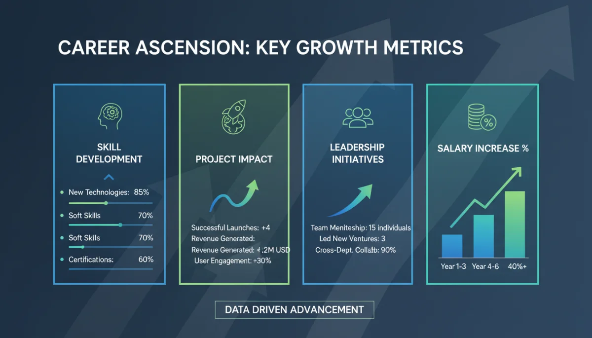 Infographic showing career growth metrics like skill development, project impact, and salary increase.