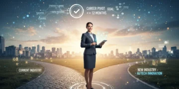 Professional at career crossroads, looking confidently towards a new industry path.
