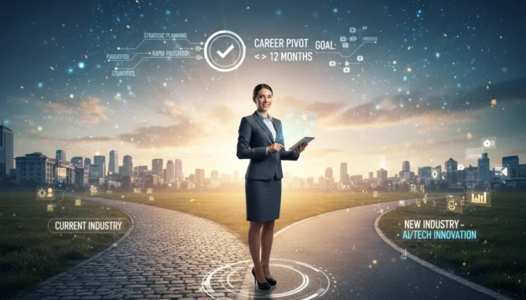 Professional at career crossroads, looking confidently towards a new industry path.