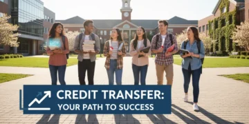 Diverse college students walking on campus, symbolizing successful credit transfer and academic journey.