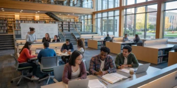 College students studying financial aid forms in a library