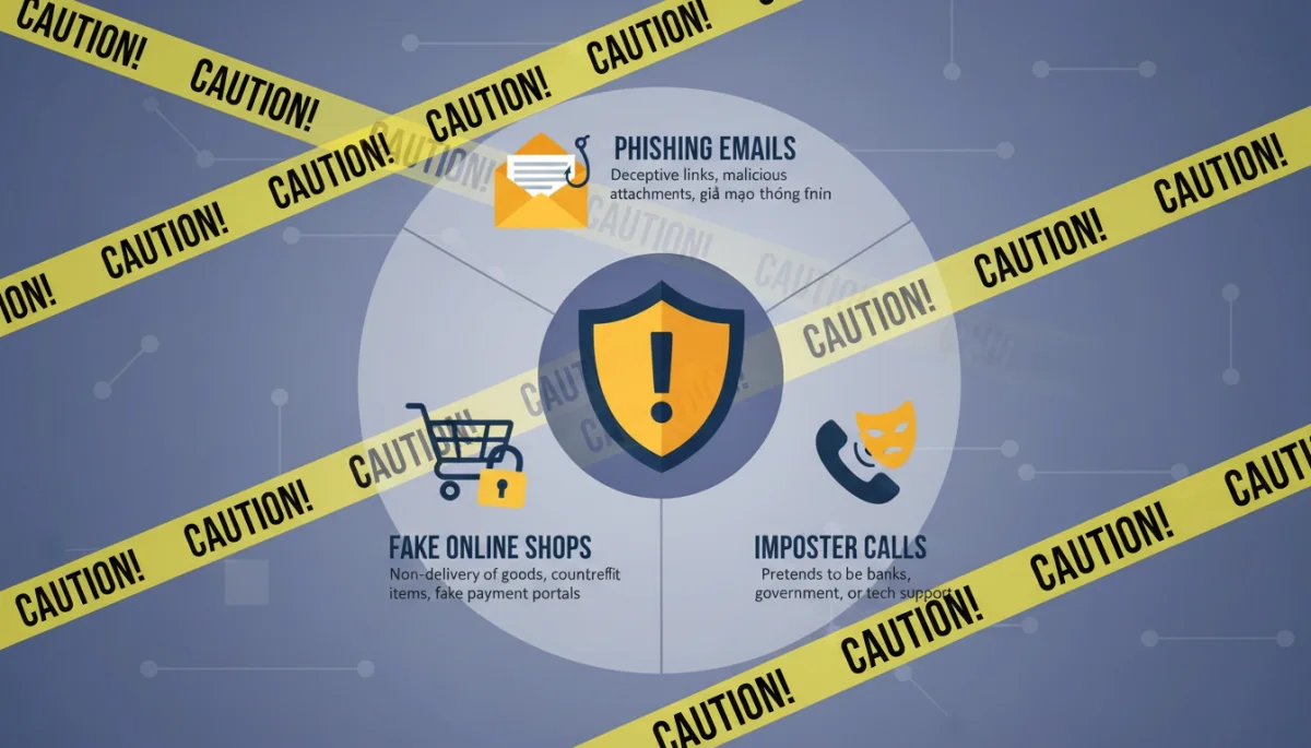 Graphic illustrating common scam types: phishing, fake websites, imposter calls, highlighting vigilance in fraud prevention.