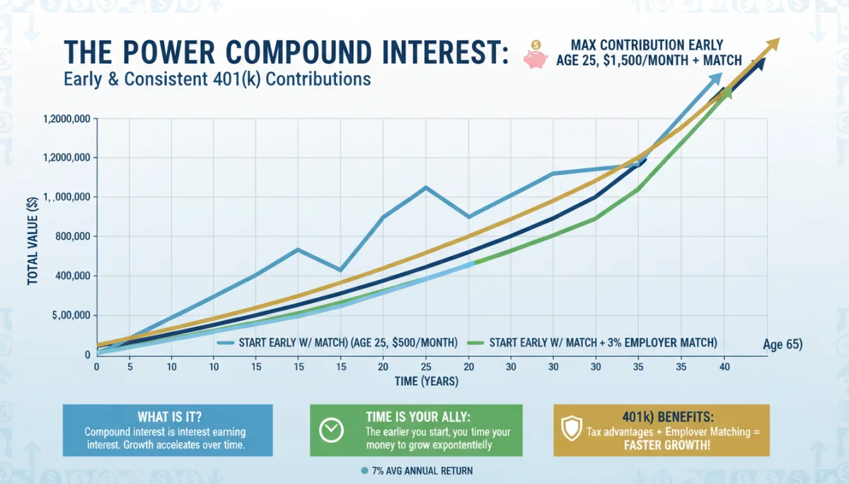 Infographic showing compound interest growth on 401(k) investments over several decades, highlighting long-term financial benefits.