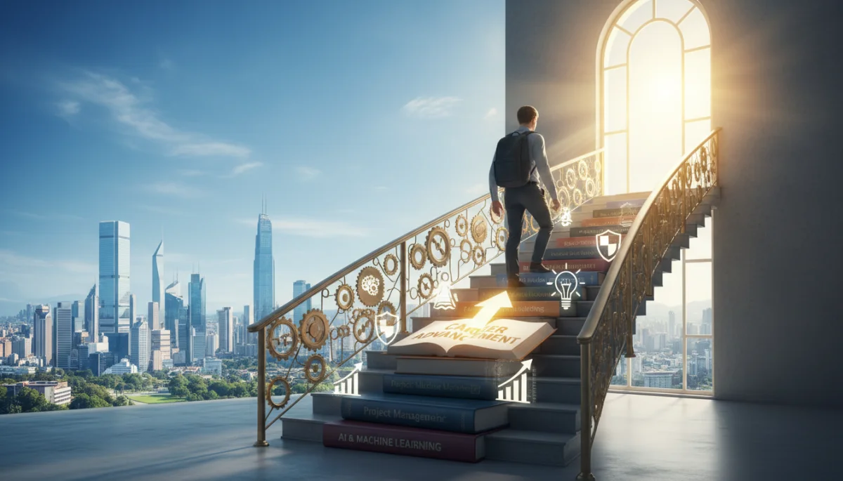 Professional climbing a staircase of knowledge, continuous learning for career advancement