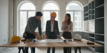 Professional contractor and homeowner discussing renovation plans on site.
