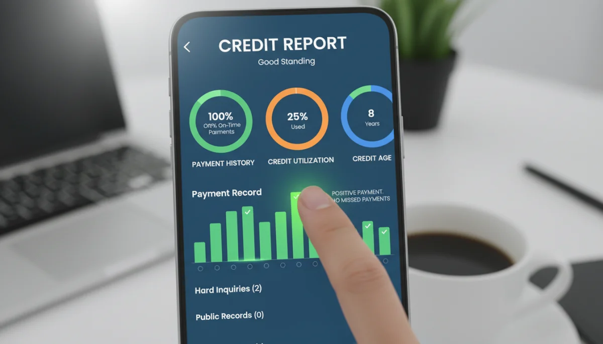 Smartphone screen showing a credit report with positive payment history, highlighting the importance of timely payments.