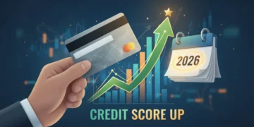 Hand holding credit card with rising credit score graph, symbolizing financial growth by 2026.