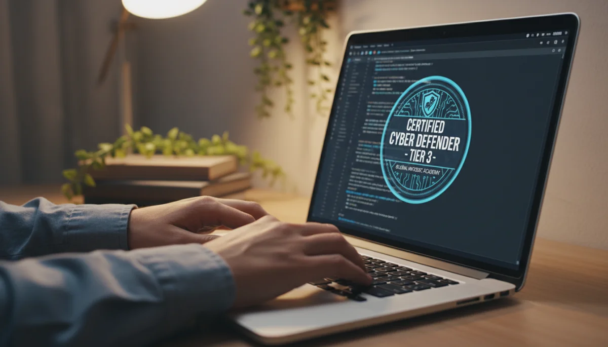 Hands typing on a laptop with a cybersecurity certification displayed, representing digital skill acquisition.
