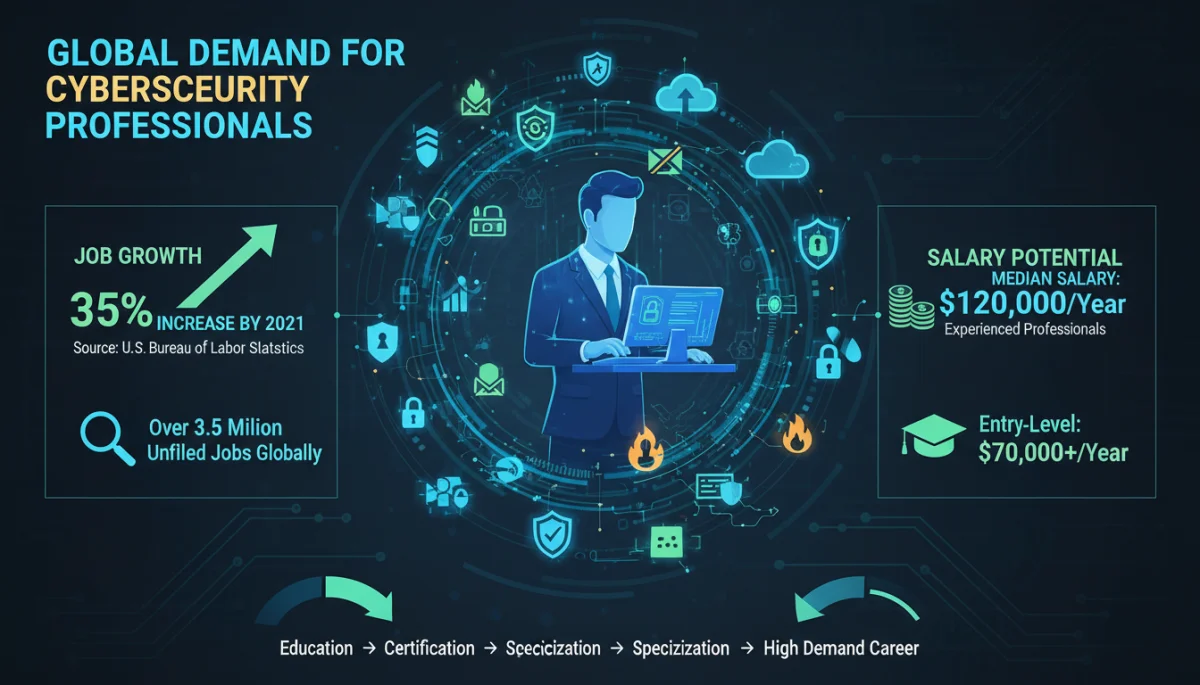 Infographic on cybersecurity career demand and salary potential