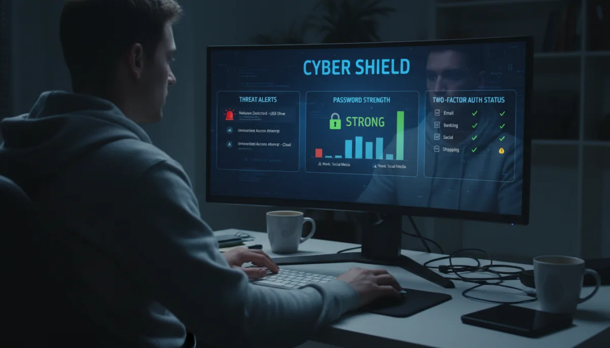 Person monitoring cybersecurity dashboard with threat alerts