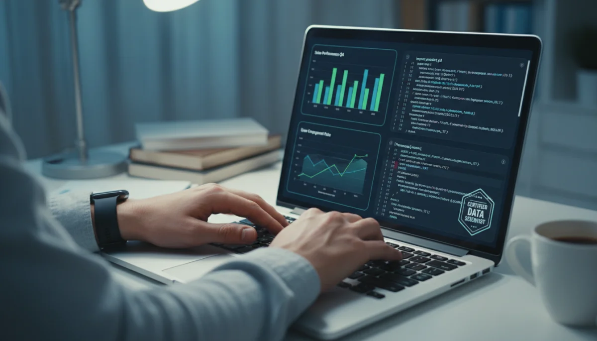 Hands typing on a laptop with data analytics on screen