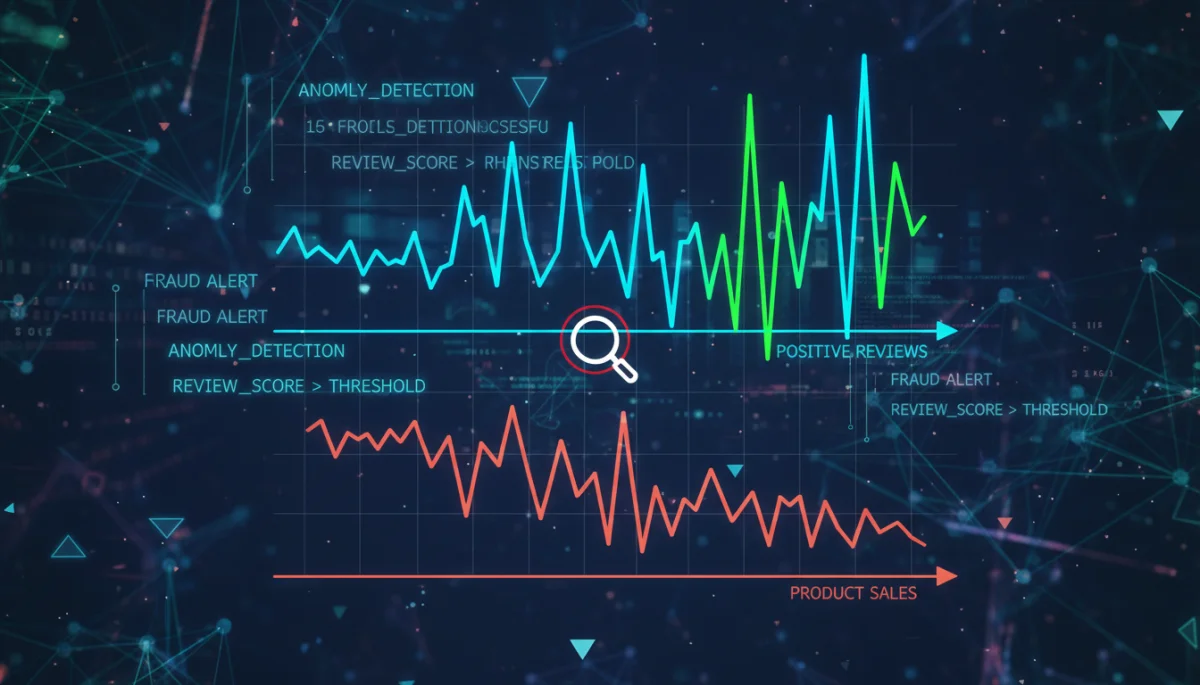 Data anomaly graph showing suspicious review patterns and sales decline.