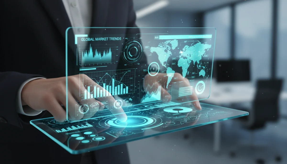 Hands analyzing data on a transparent screen, representing data literacy