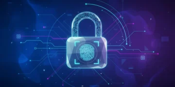 Digital padlock symbolizing data protection over a network of interconnected lines, representing online privacy and secure information.