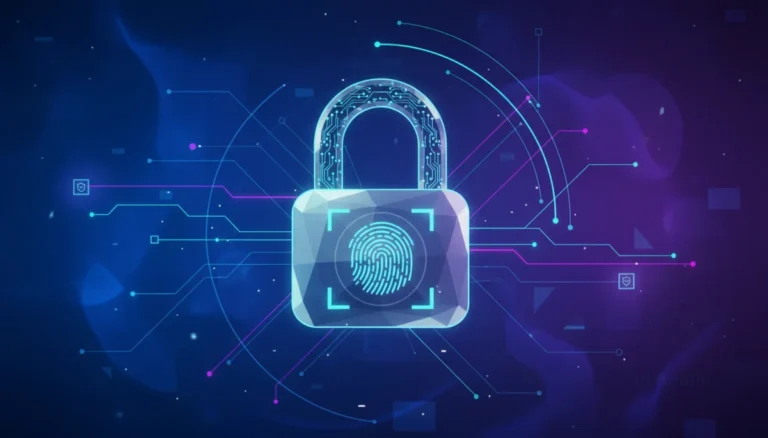 Digital padlock symbolizing data protection over a network of interconnected lines, representing online privacy and secure information.