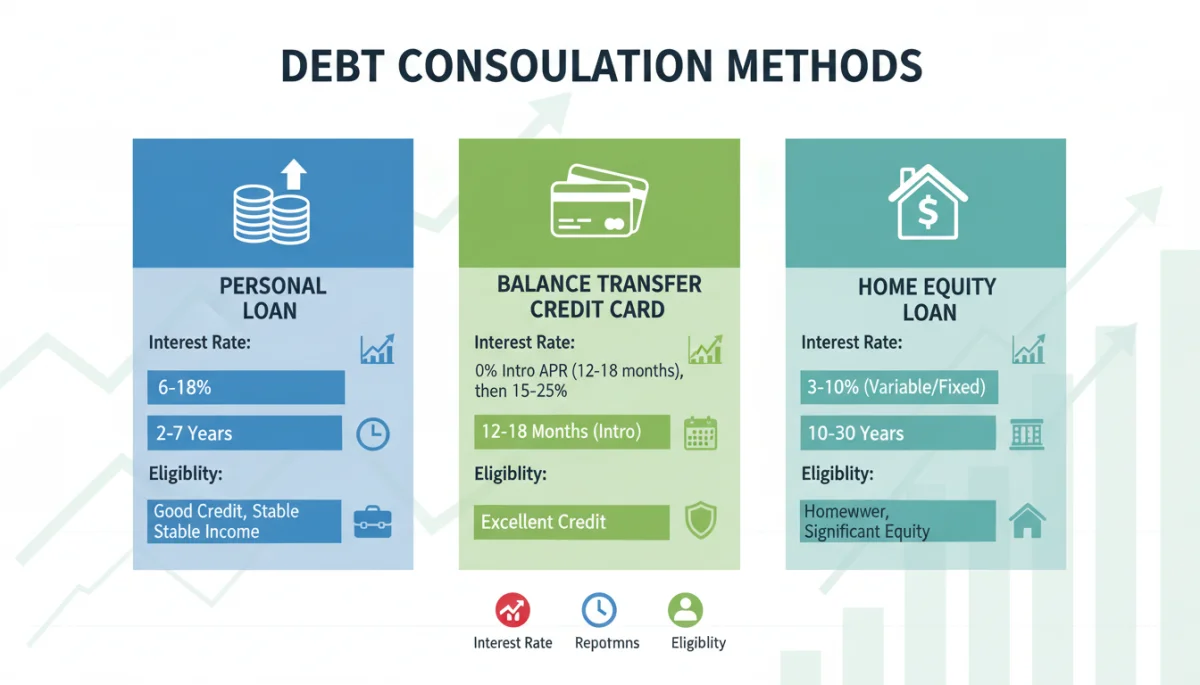 Infographic comparing various debt consolidation methods with their pros and cons