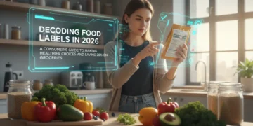 Person examining a food label in a modern kitchen, highlighting mindful grocery shopping for health and savings.