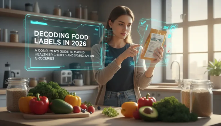 Person examining a food label in a modern kitchen, highlighting mindful grocery shopping for health and savings.