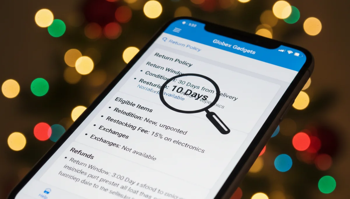 Smartphone screen showing detailed online store return policy with key terms highlighted.