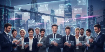 Professionals engaging in digital networking on a holographic screen in a futuristic setting.