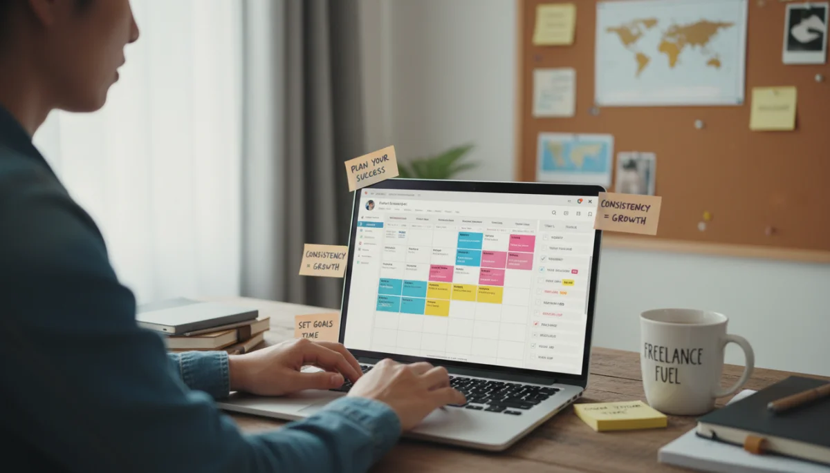 Person planning digital tasks for gig work success.