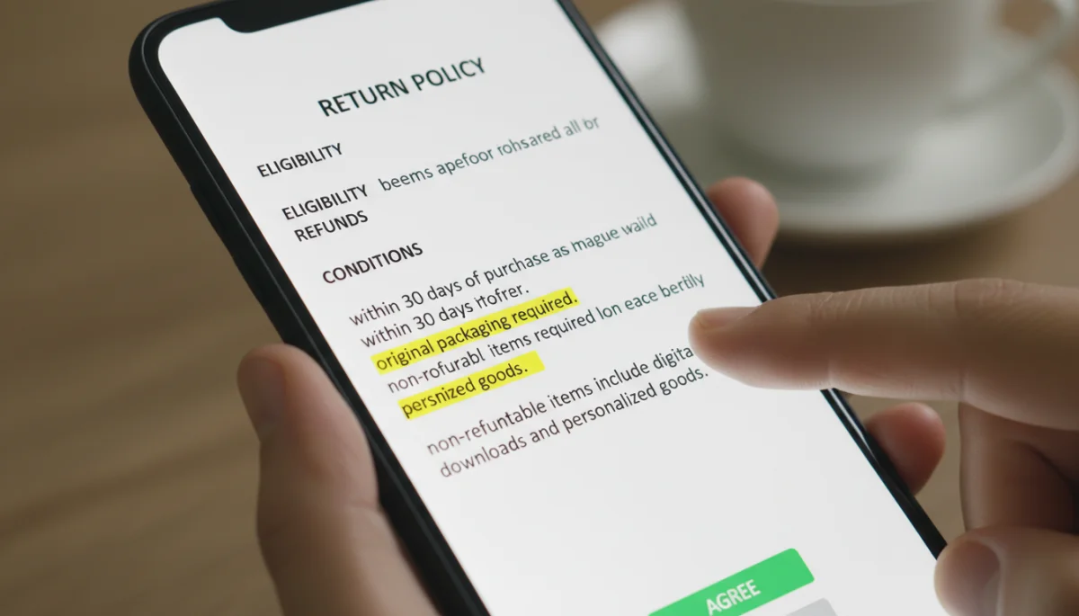 Smartphone displaying detailed online return policy terms