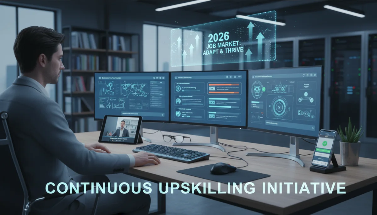 Individual engaged in digital upskilling, learning new technologies for future job market success.