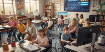 Diverse children learning in an inclusive special education classroom with federal support in 2026.