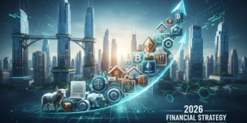 Diverse investment assets growing against a futuristic cityscape, symbolizing optimized portfolio growth in 2026.