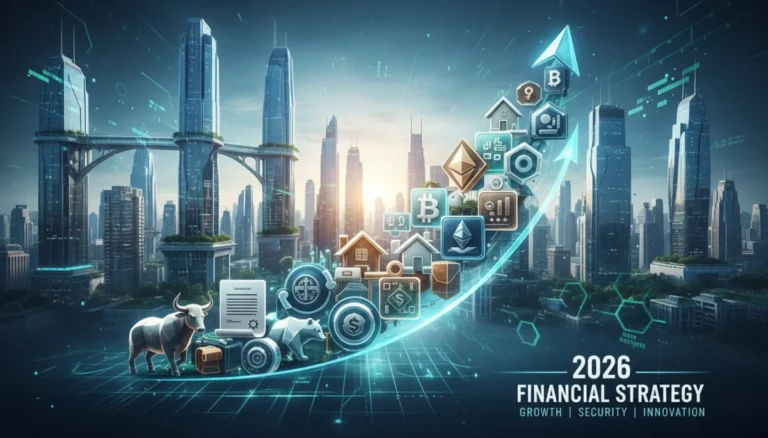 Diverse investment assets growing against a futuristic cityscape, symbolizing optimized portfolio growth in 2026.