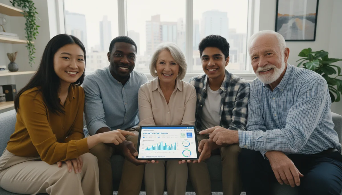 Diverse investors reviewing digital investment portfolios on a tablet.
