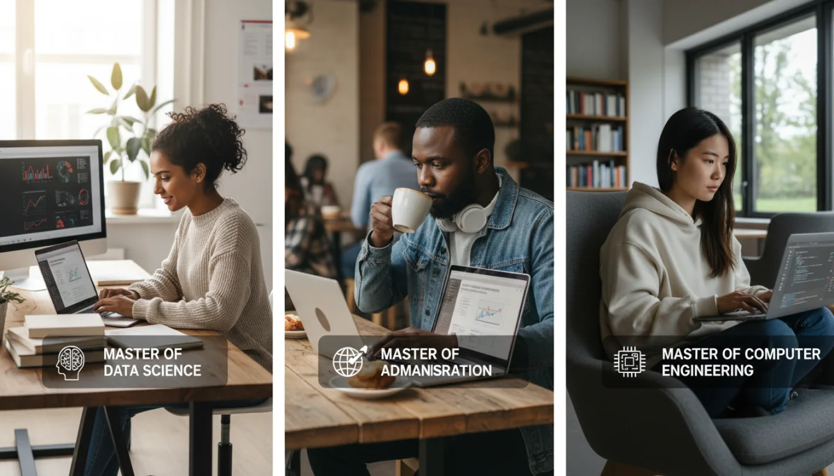 Diverse students engaged in different online master's programs