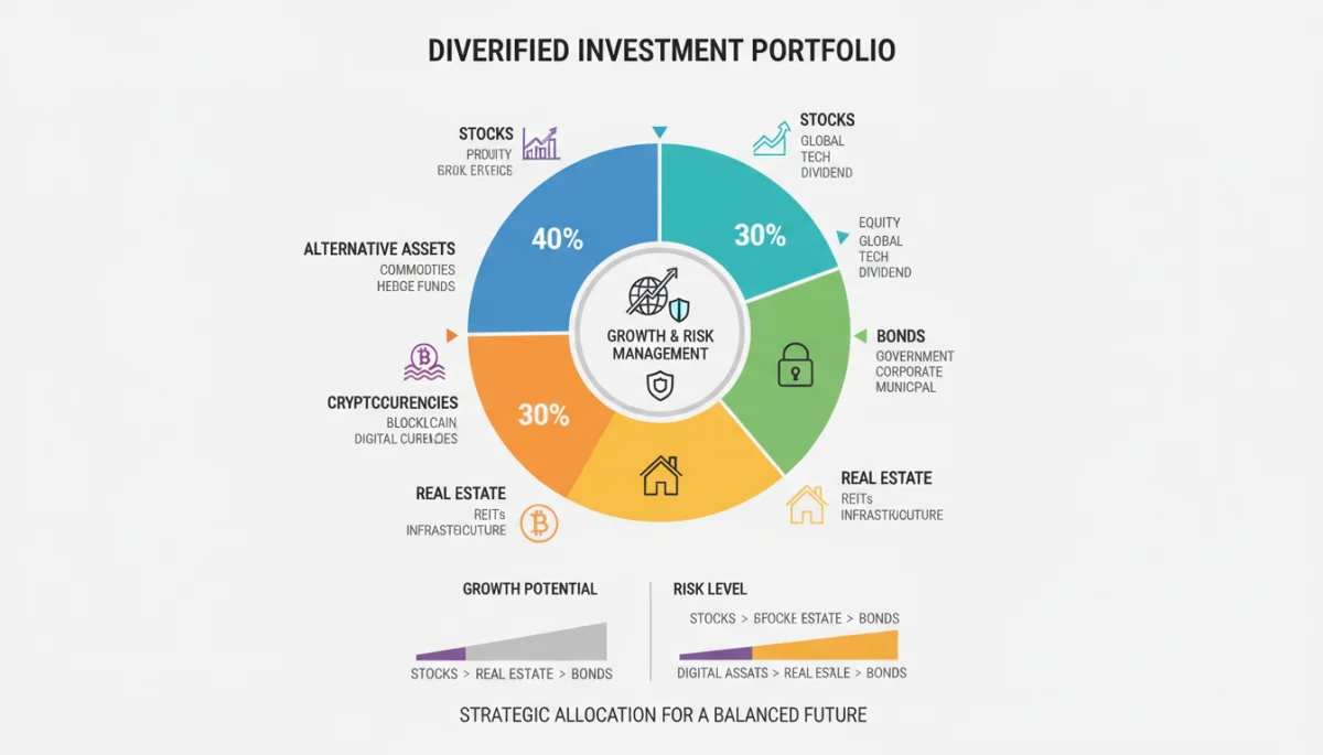 Diversified investment portfolio infographic showing asset allocation