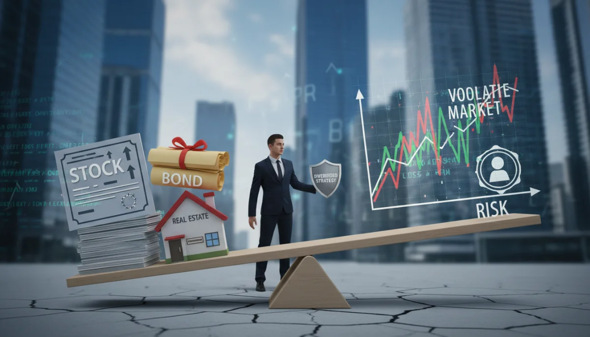 Person balancing diverse financial instruments on a seesaw, representing diversified investment for retirement.