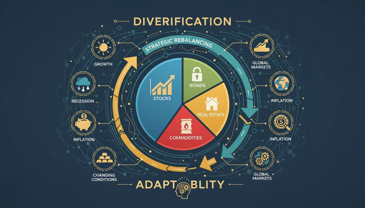 Diversified investment portfolio pie chart with strategic rebalancing arrows