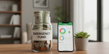 Emergency fund jar with money, budgeting app on phone, and plant