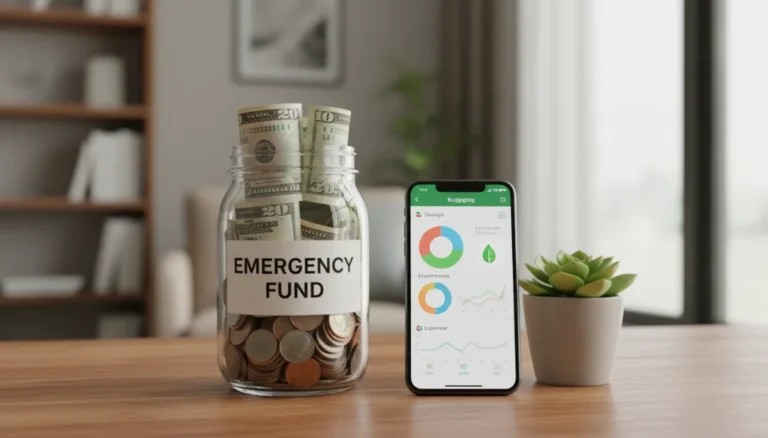 Emergency fund jar with money, budgeting app on phone, and plant
