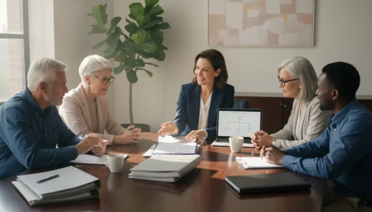 Diverse group discussing estate planning documents with an advisor