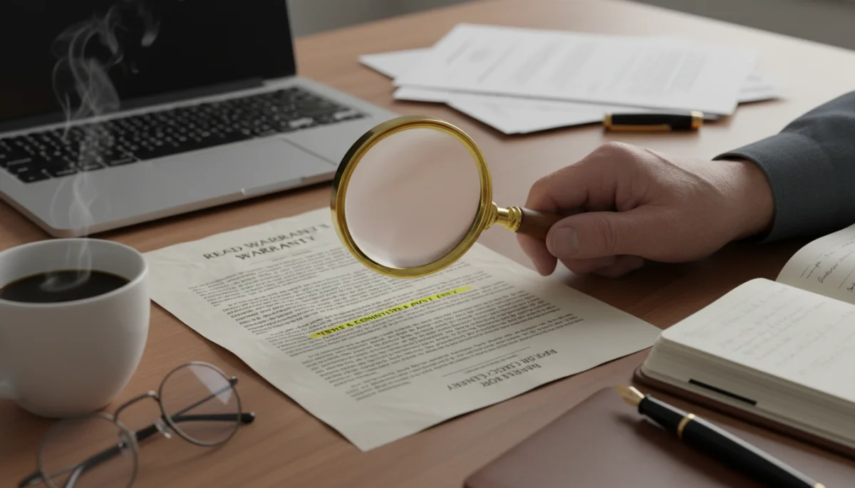 Hand with magnifying glass examining fine print on an appliance warranty document.
